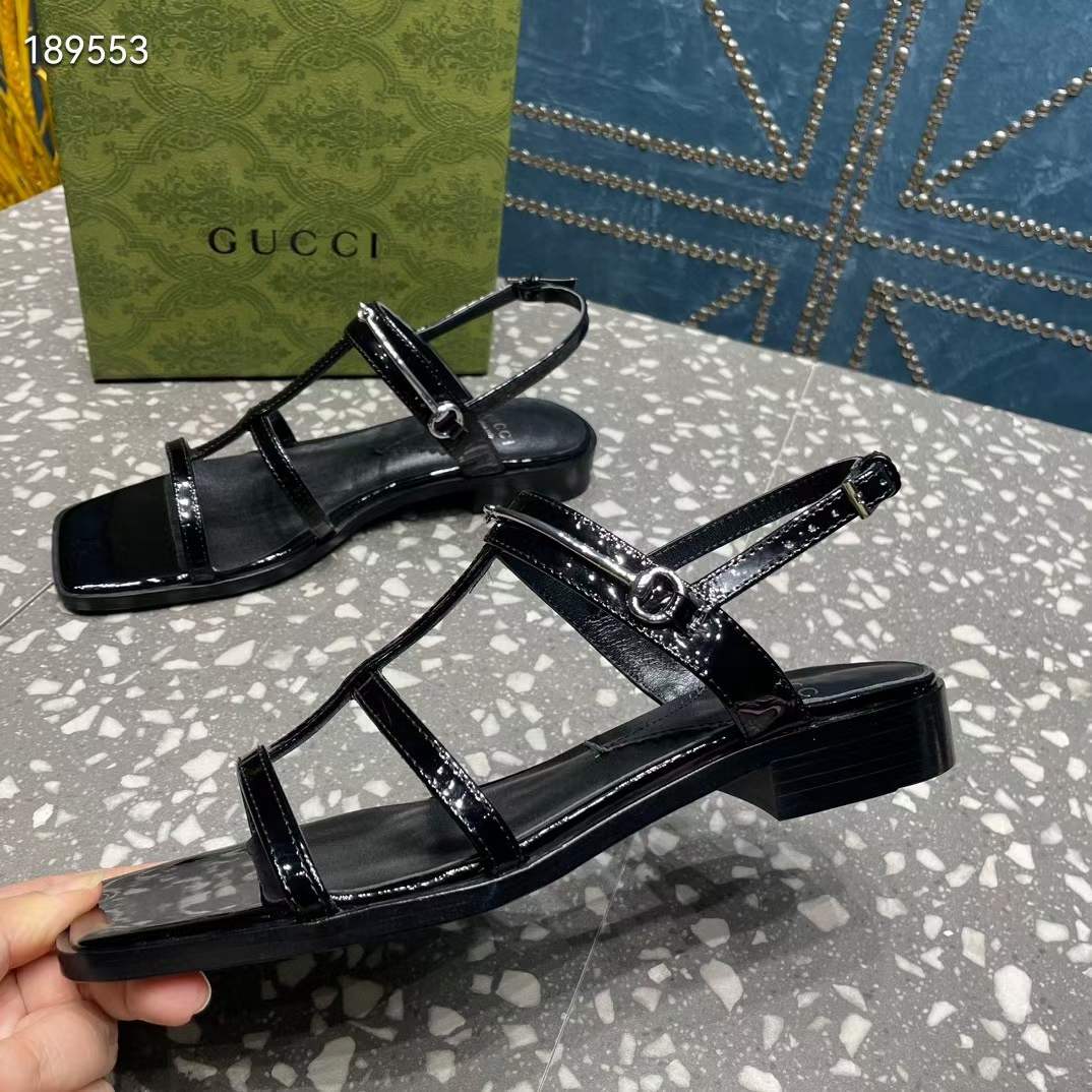 Gucci Women GG Slim Horsebit Flat Sandal Black Leather Ankle Buckle