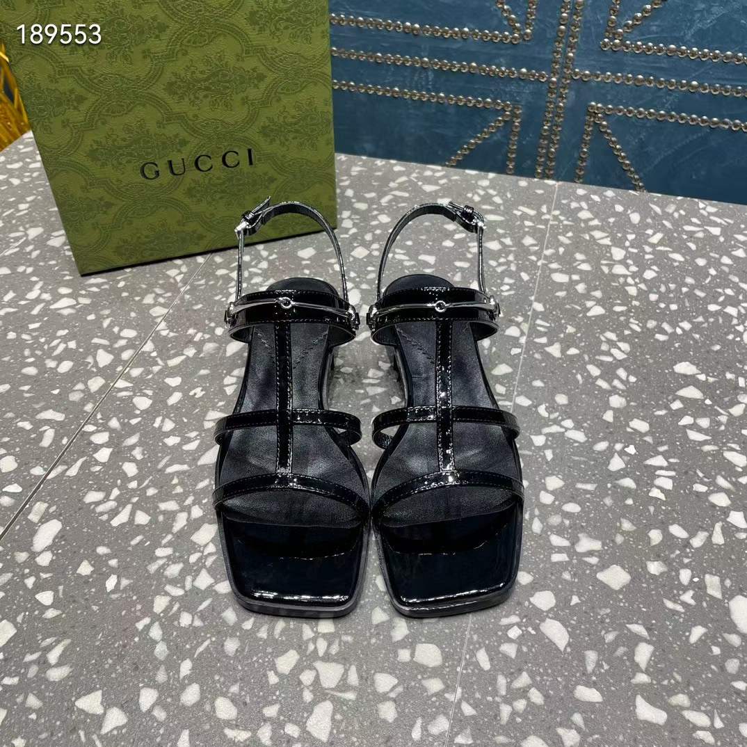 Gucci Women GG Slim Horsebit Flat Sandal Black Leather Ankle Buckle