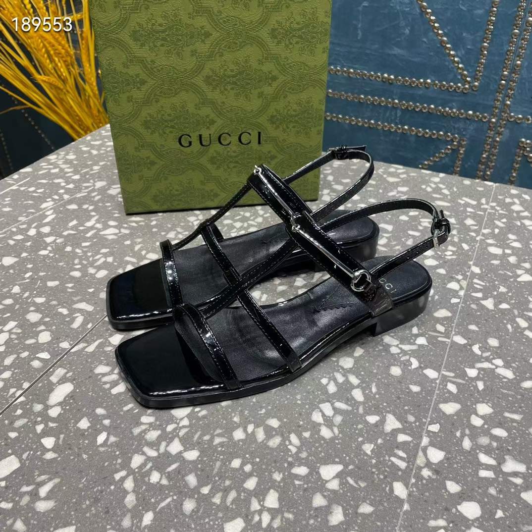 Gucci Women GG Slim Horsebit Flat Sandal Black Leather Ankle Buckle