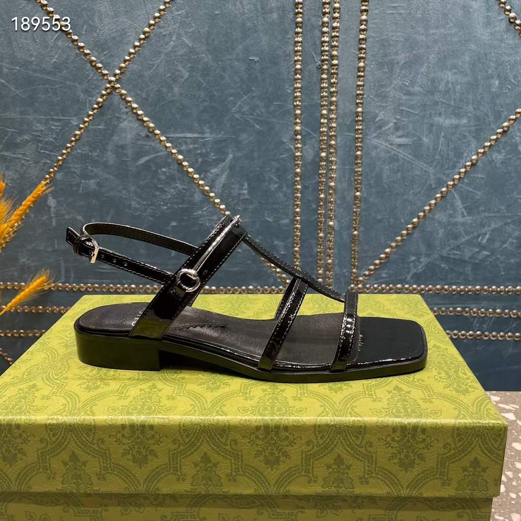 Gucci Women GG Slim Horsebit Flat Sandal Black Leather Ankle Buckle