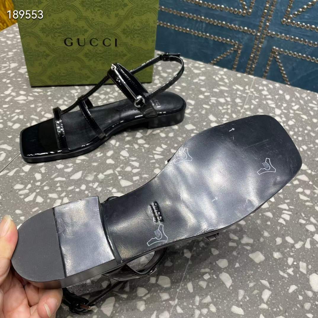 Gucci Women GG Slim Horsebit Flat Sandal Black Leather Ankle Buckle