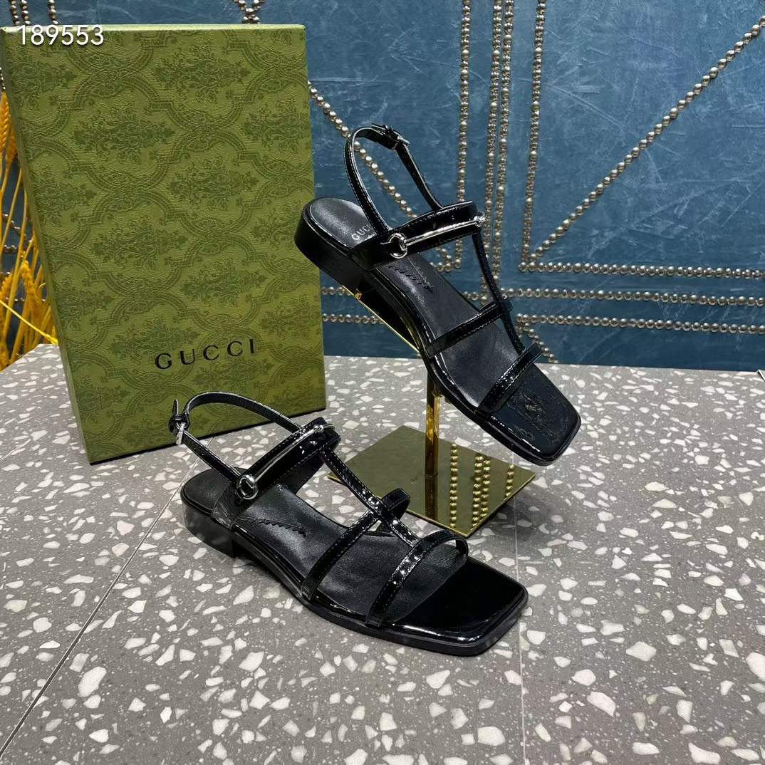 Gucci Women GG Slim Horsebit Flat Sandal Black Leather Ankle Buckle
