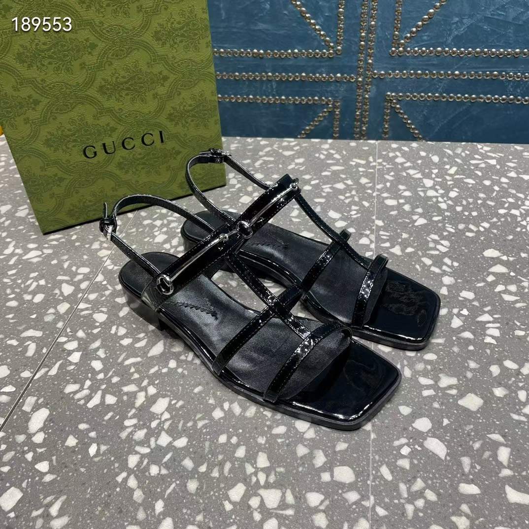 Gucci Women GG Slim Horsebit Flat Sandal Black Leather Ankle Buckle