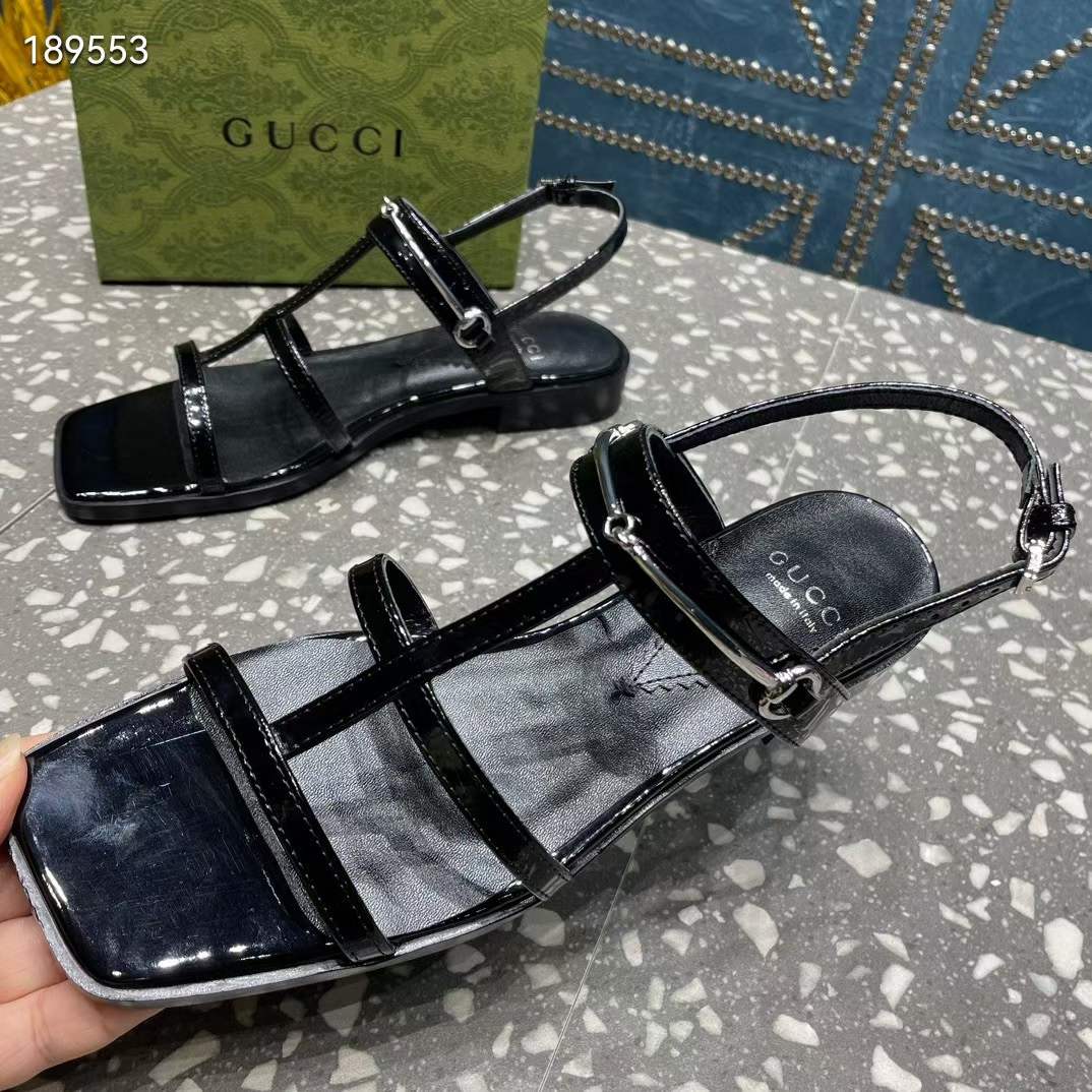 Gucci Women GG Slim Horsebit Flat Sandal Black Leather Ankle Buckle