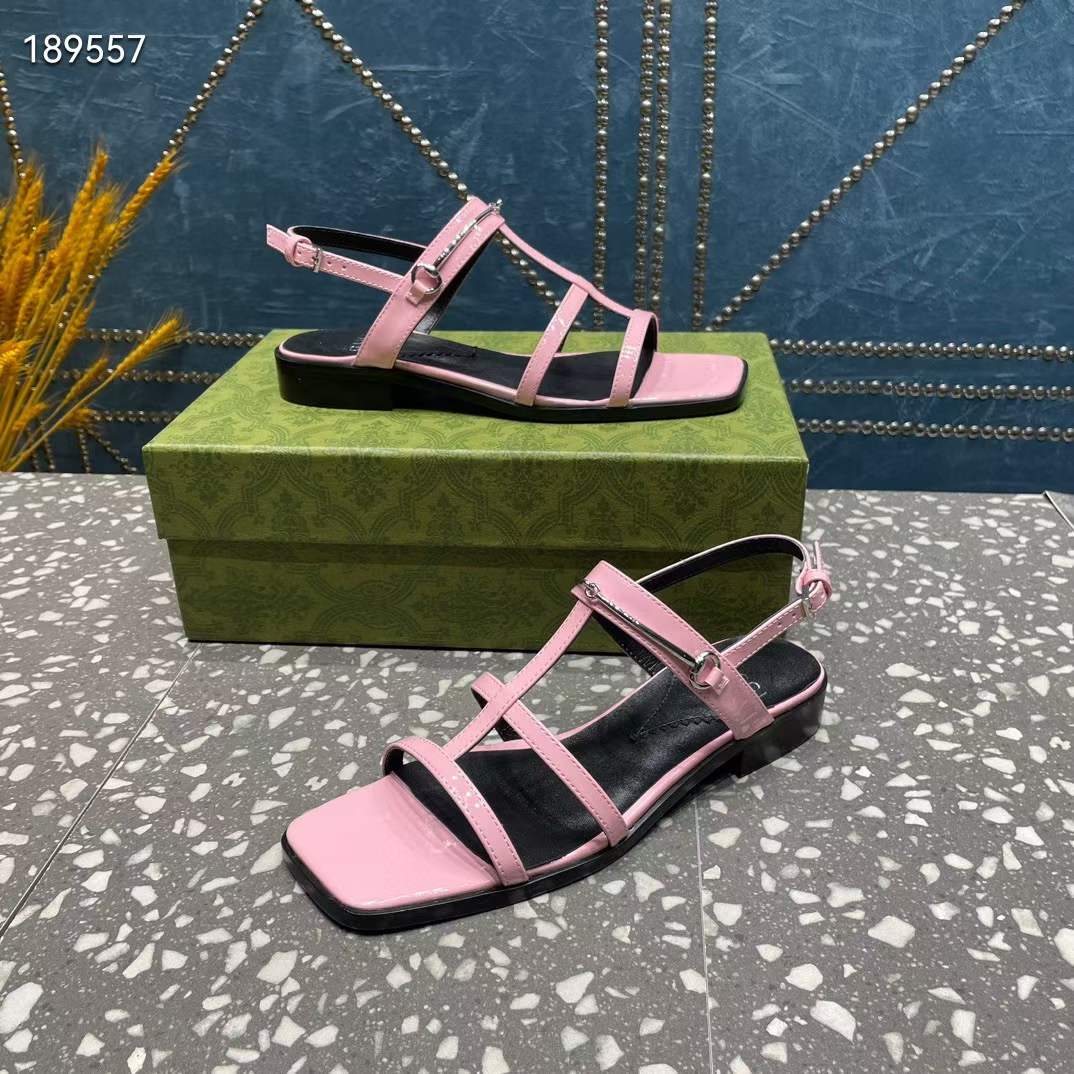 Gucci Women GG Slim Horsebit Flat Sandal Pink Leather Ankle Buckle