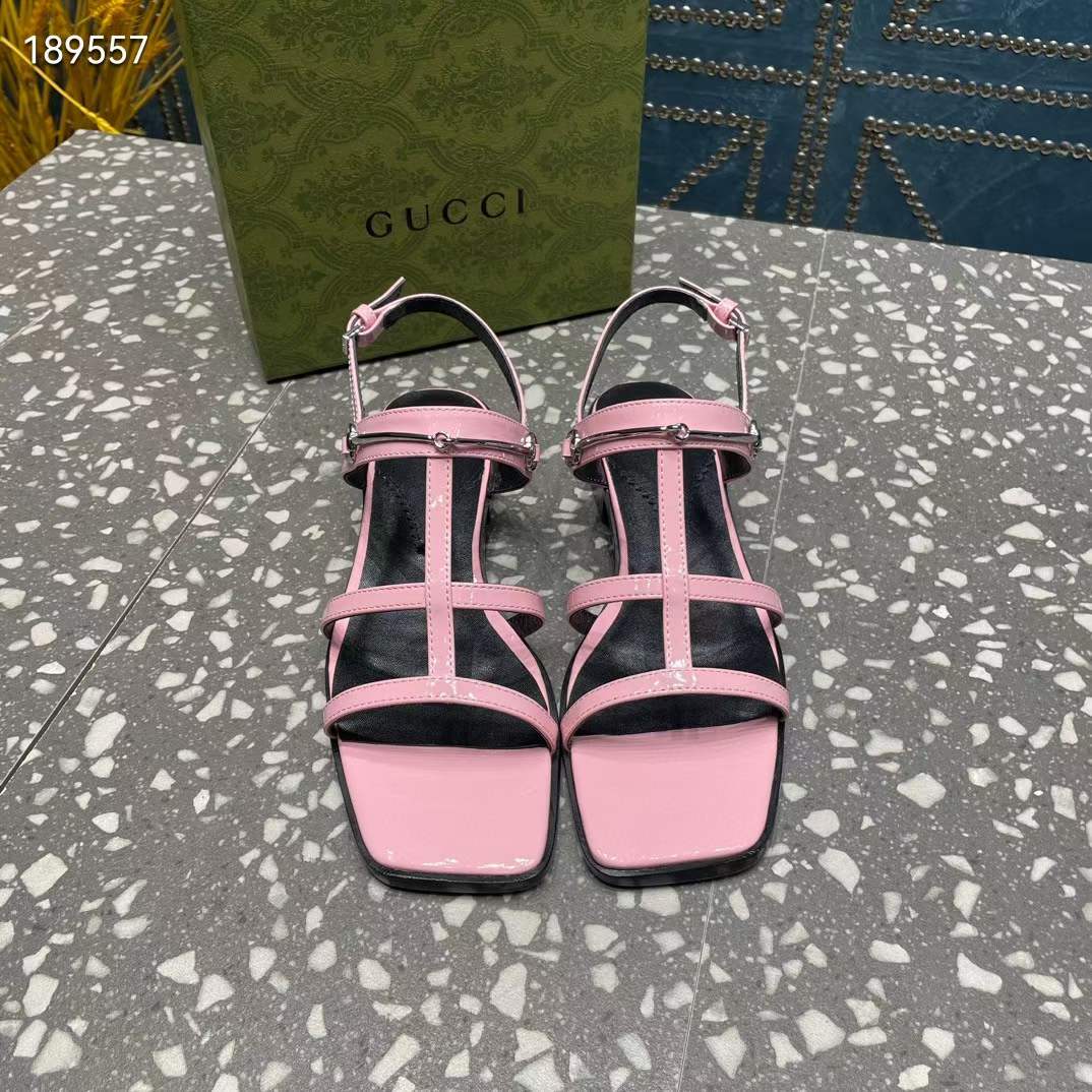Gucci Women GG Slim Horsebit Flat Sandal Pink Leather Ankle Buckle