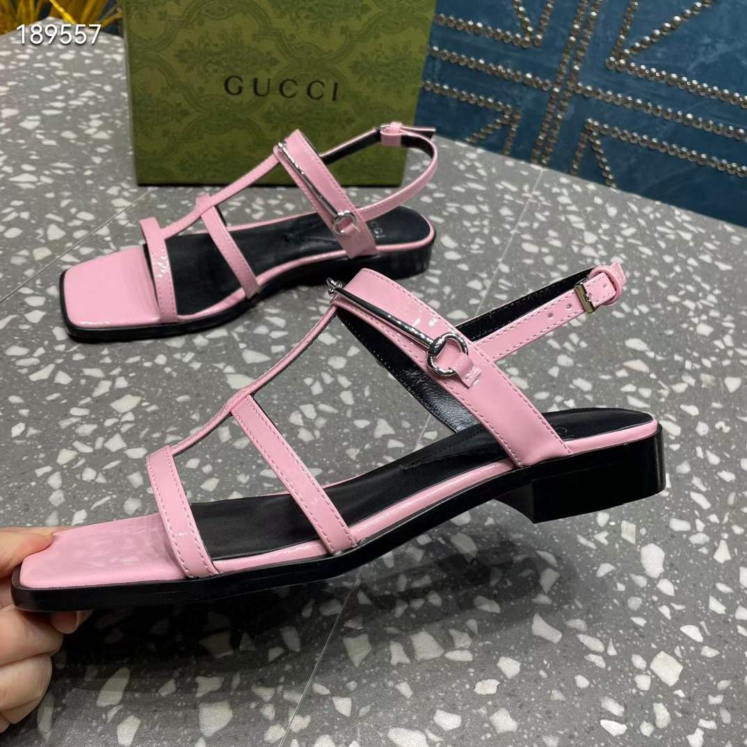 Gucci Women GG Slim Horsebit Flat Sandal Pink Leather Ankle Buckle