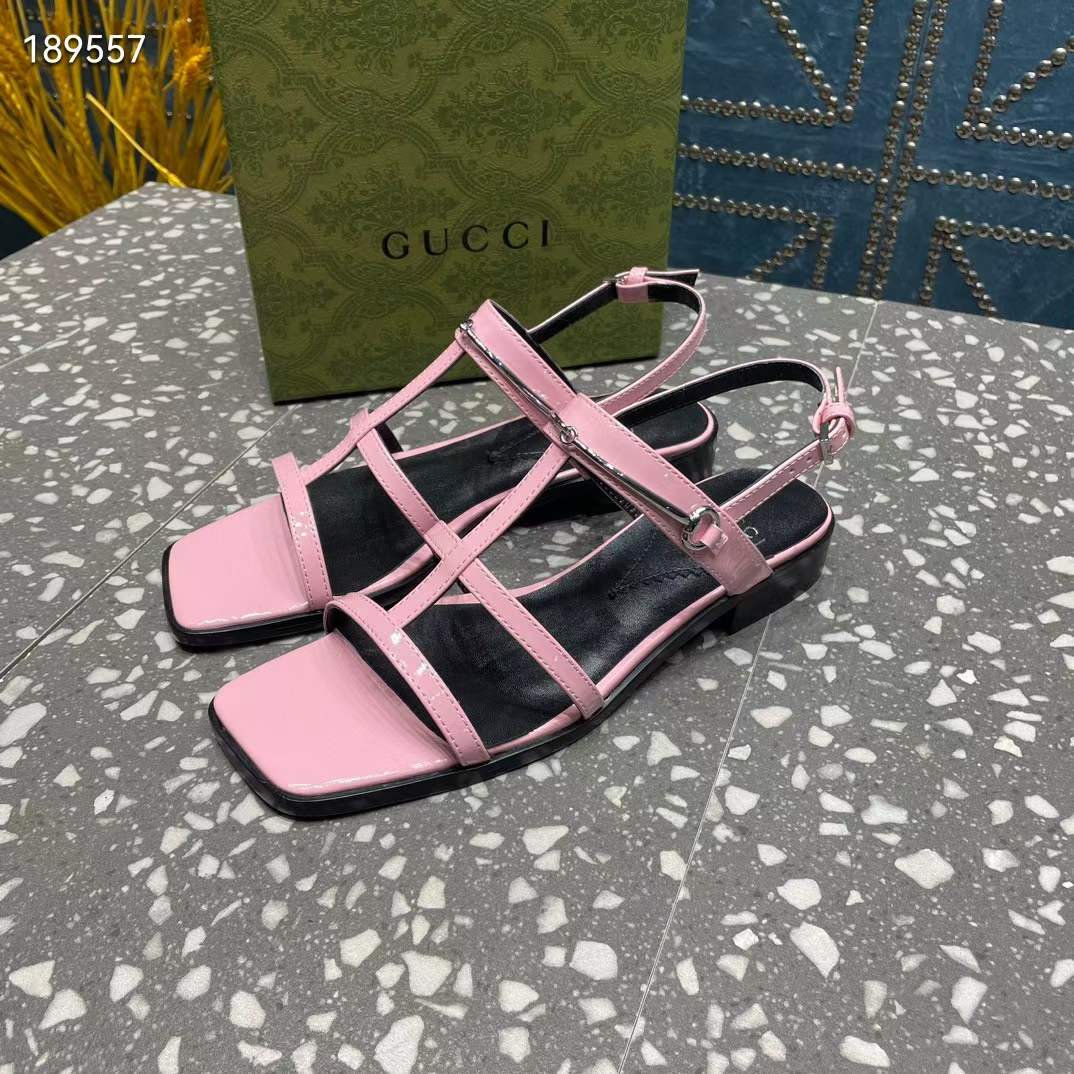 Gucci Women GG Slim Horsebit Flat Sandal Pink Leather Ankle Buckle