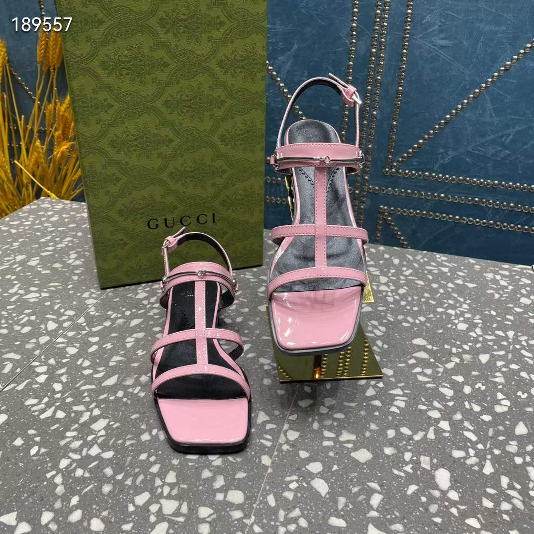 Gucci Women GG Slim Horsebit Flat Sandal Pink Leather Ankle Buckle