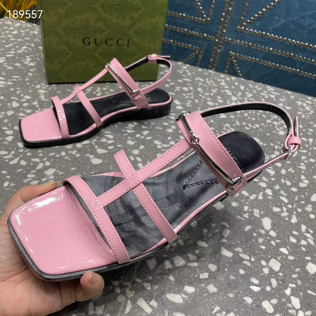 Gucci Women GG Slim Horsebit Flat Sandal Pink Leather Ankle Buckle