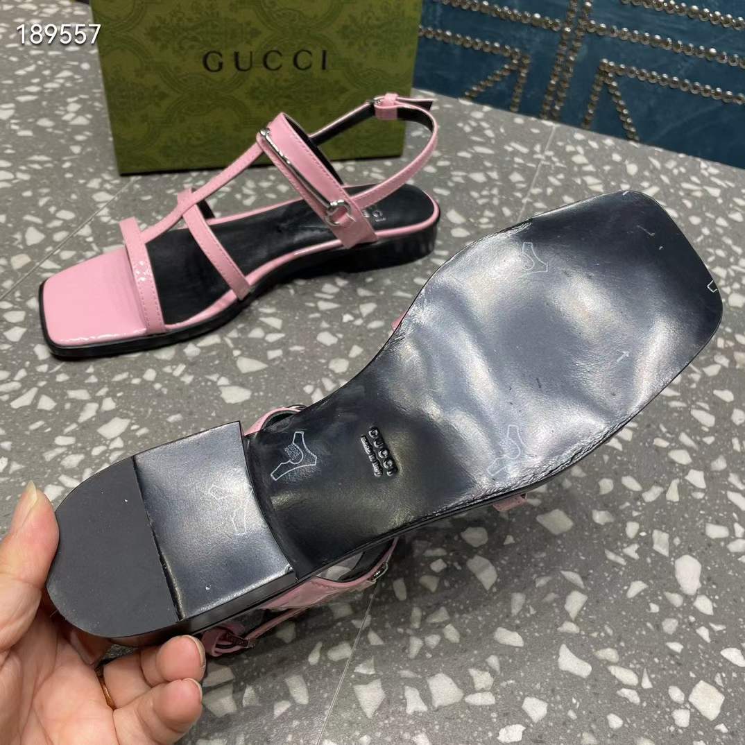 Gucci Women GG Slim Horsebit Flat Sandal Pink Leather Ankle Buckle