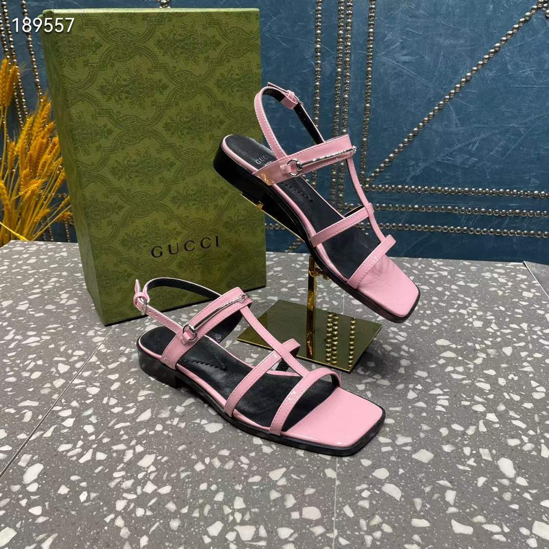 Gucci Women GG Slim Horsebit Flat Sandal Pink Leather Ankle Buckle