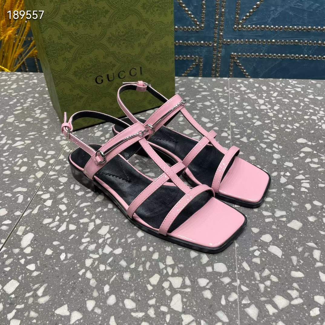 Gucci Women GG Slim Horsebit Flat Sandal Pink Leather Ankle Buckle