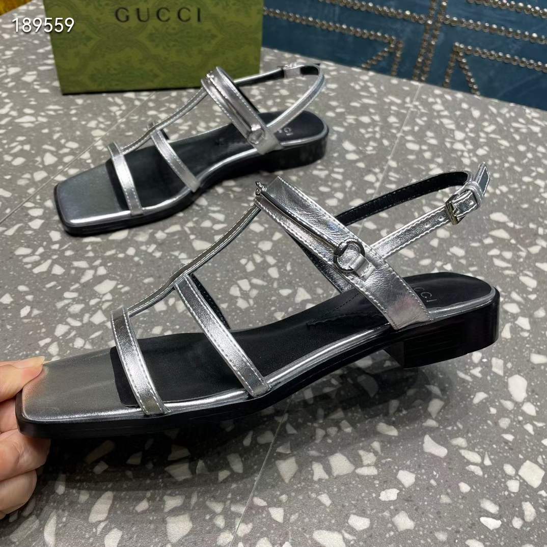 Gucci Women GG Slim Horsebit Flat Sandal Silver Leather Ankle Buckle