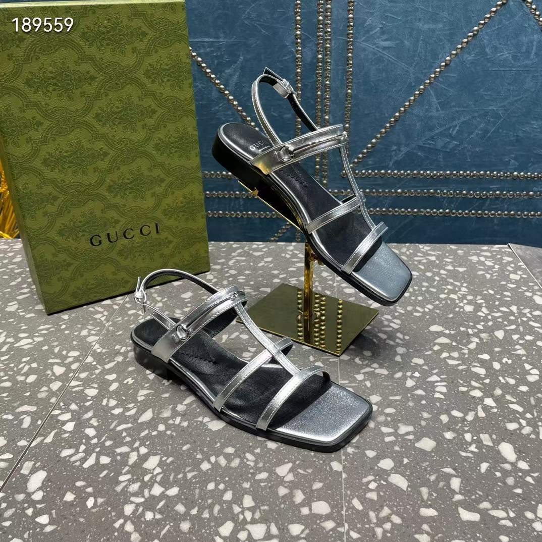 Gucci Women GG Slim Horsebit Flat Sandal Silver Leather Ankle Buckle