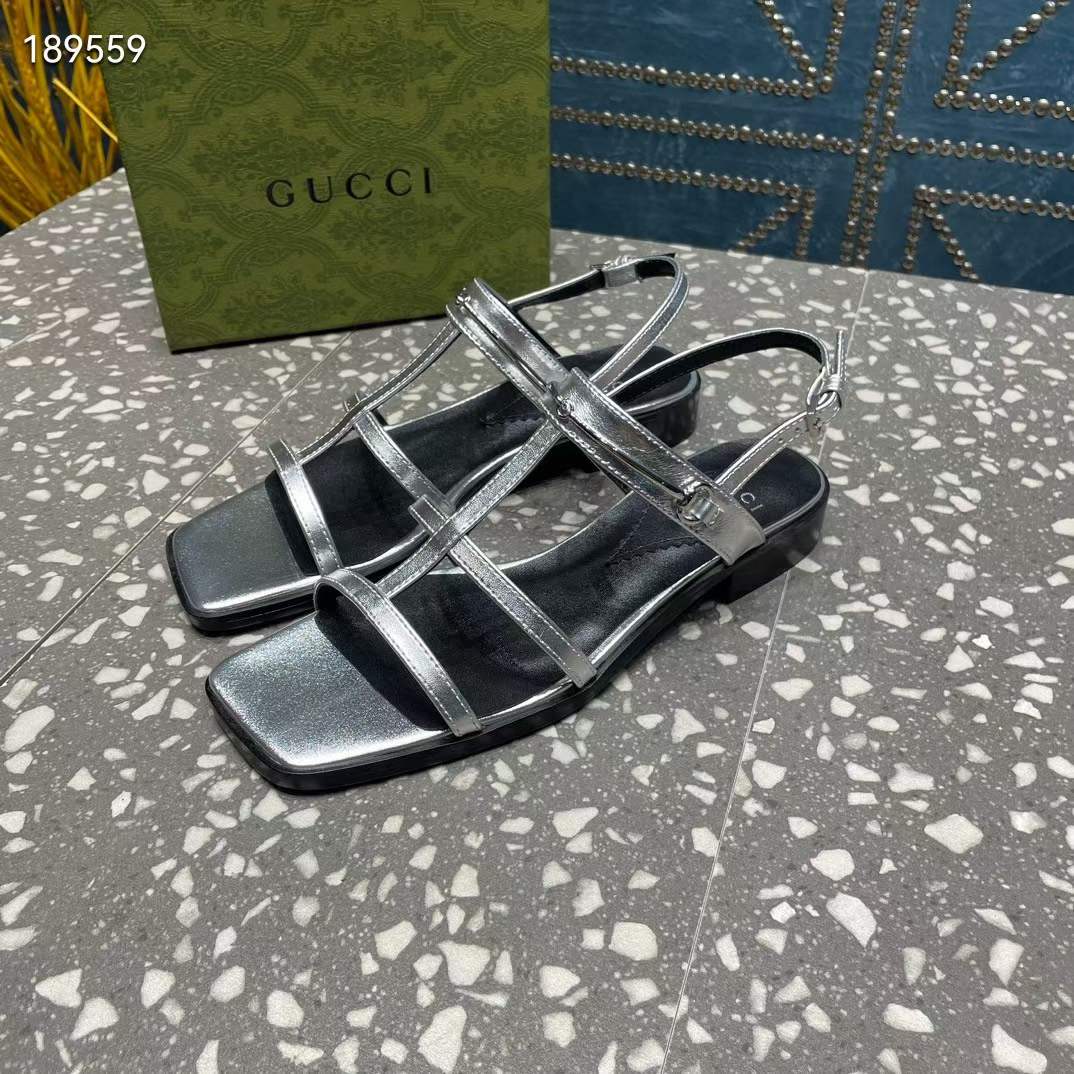 Gucci Women GG Slim Horsebit Flat Sandal Silver Leather Ankle Buckle