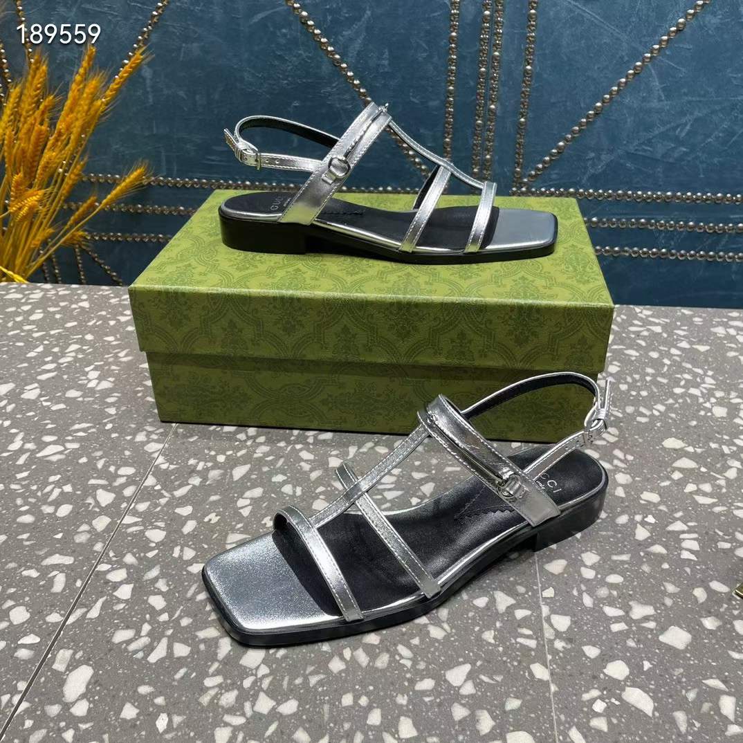 Gucci Women GG Slim Horsebit Flat Sandal Silver Leather Ankle Buckle