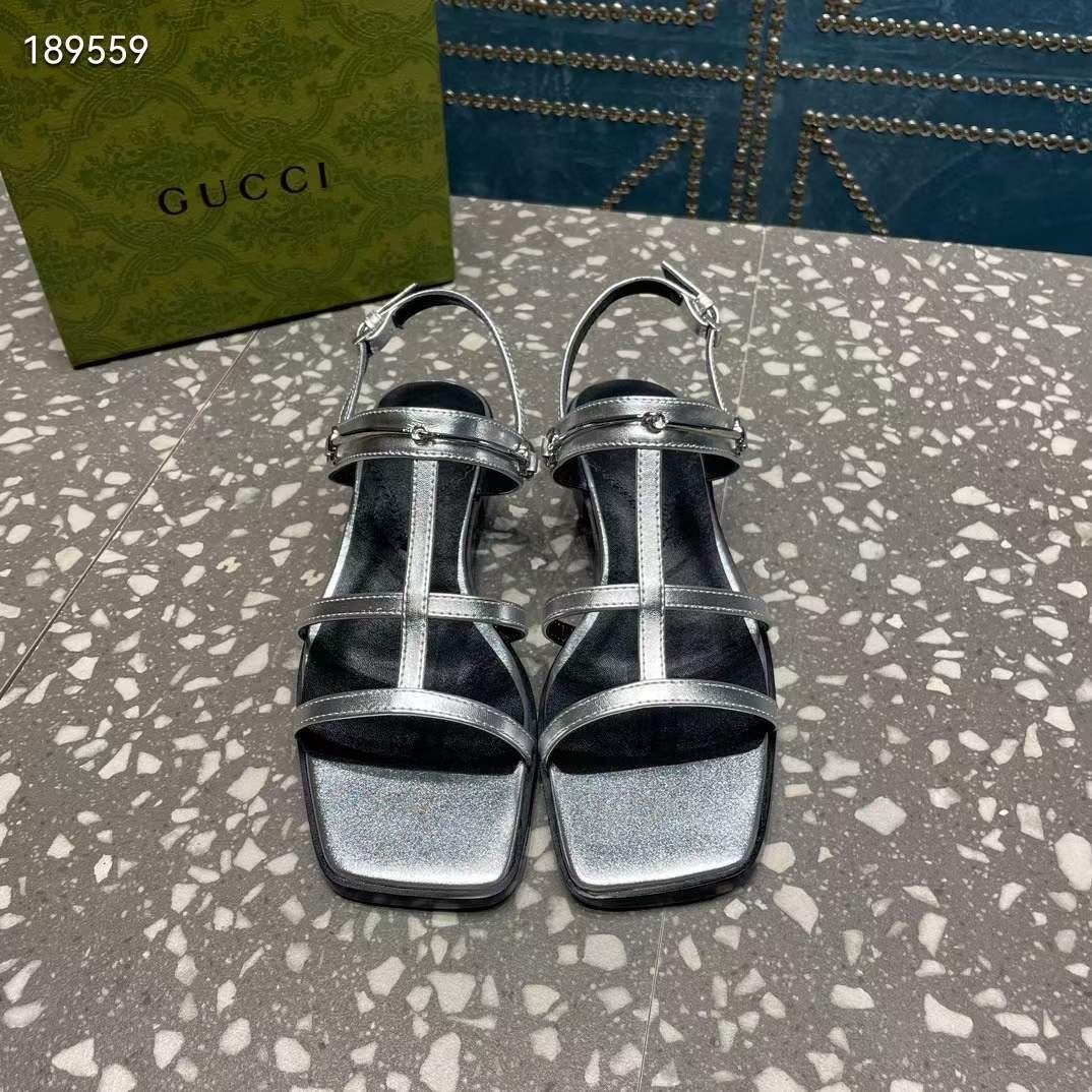Gucci Women GG Slim Horsebit Flat Sandal Silver Leather Ankle Buckle