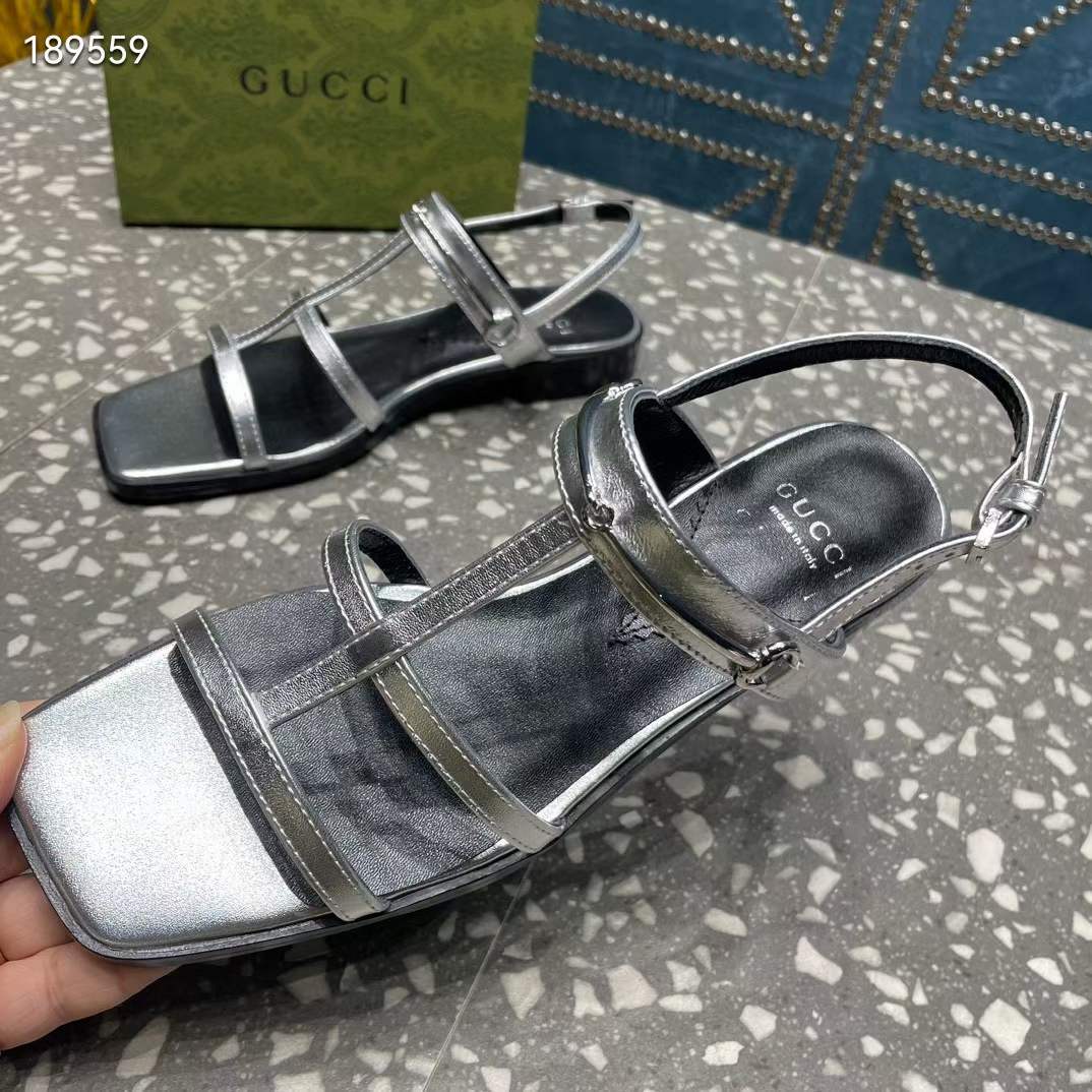 Gucci Women GG Slim Horsebit Flat Sandal Silver Leather Ankle Buckle
