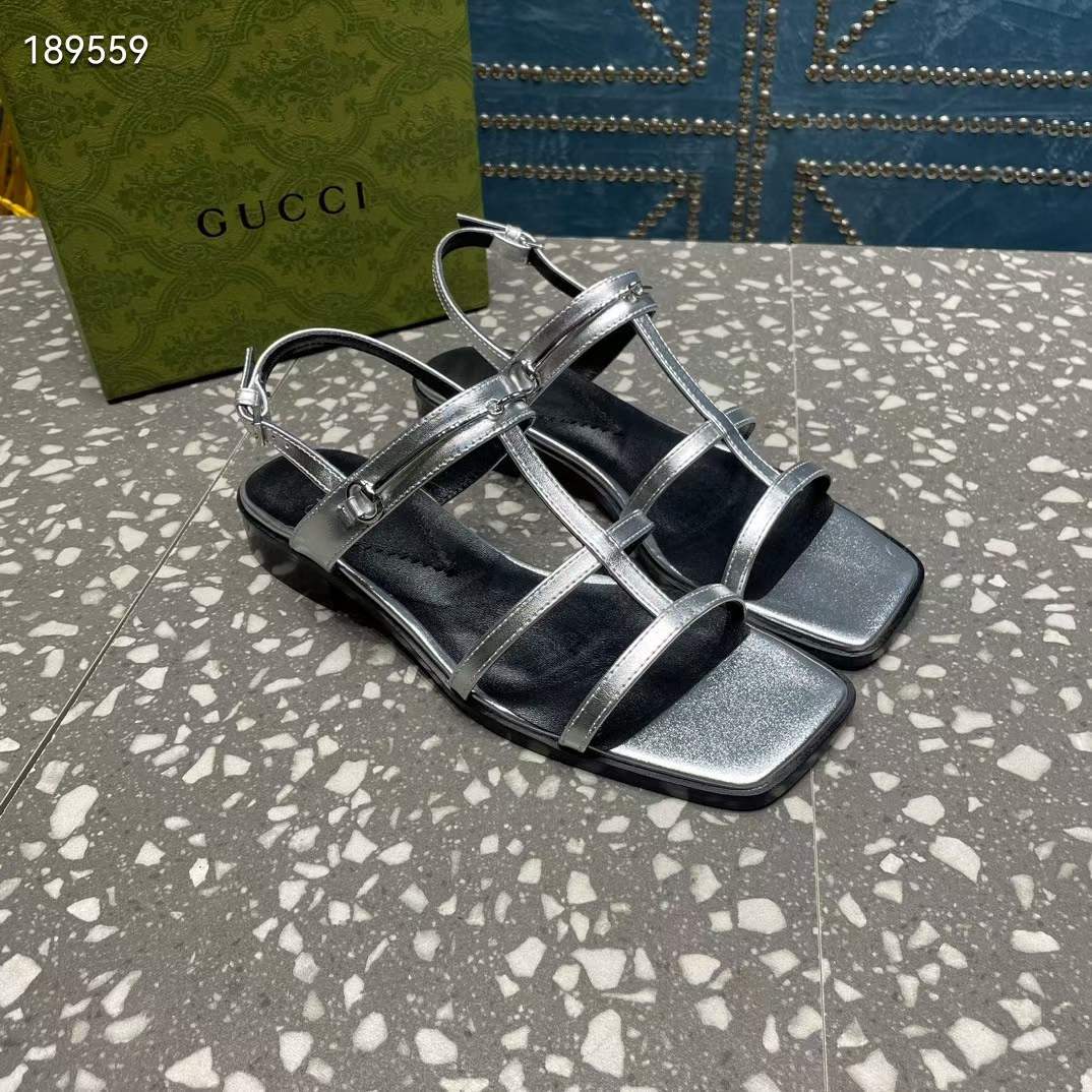 Gucci Women GG Slim Horsebit Flat Sandal Silver Leather Ankle Buckle