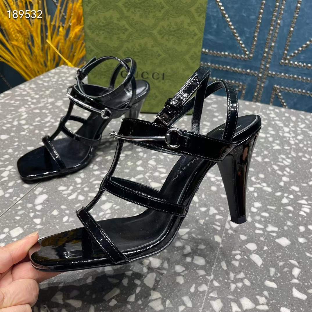 Gucci Women GG Slim Horsebit Sandal Black Leather High Heel