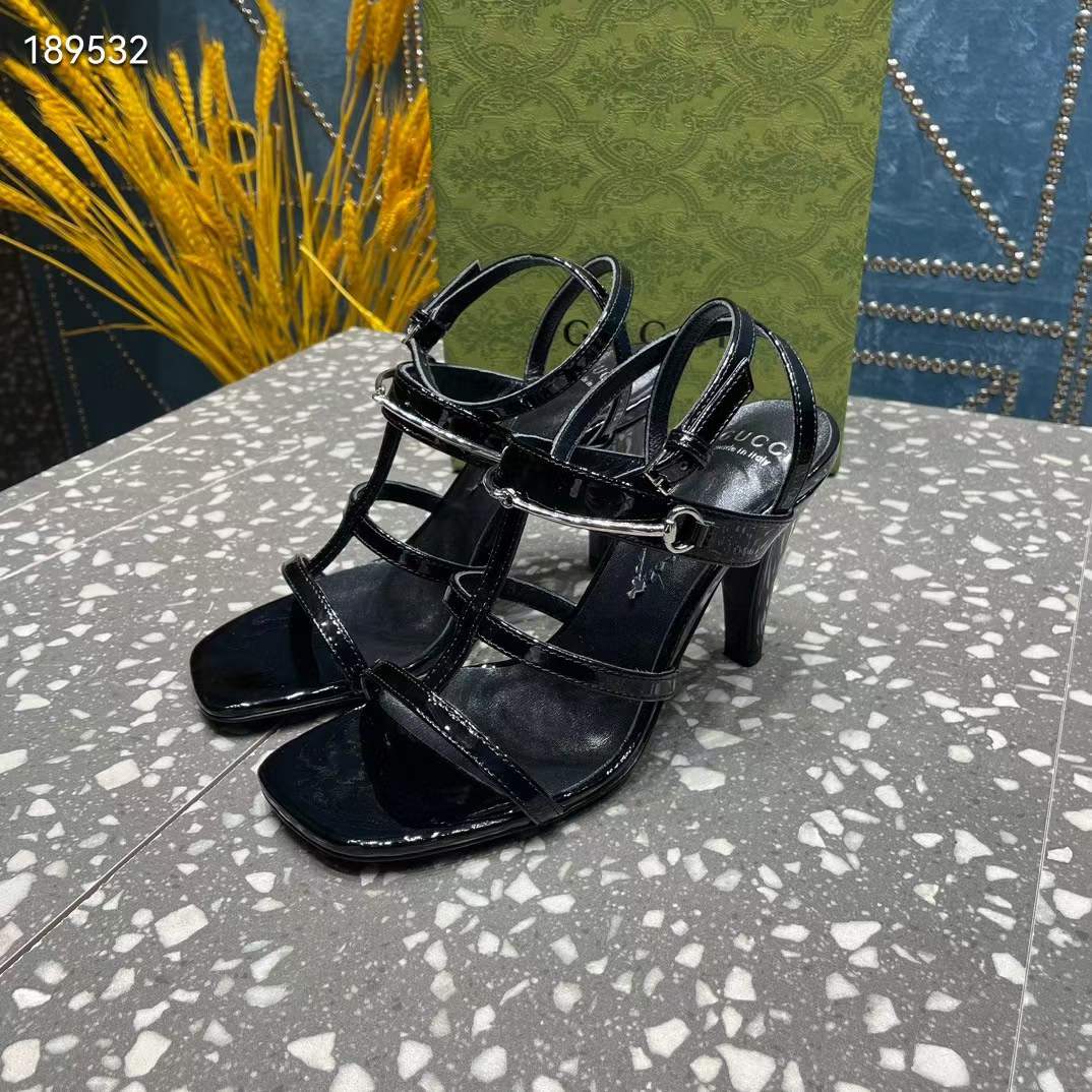 Gucci Women GG Slim Horsebit Sandal Black Leather High Heel