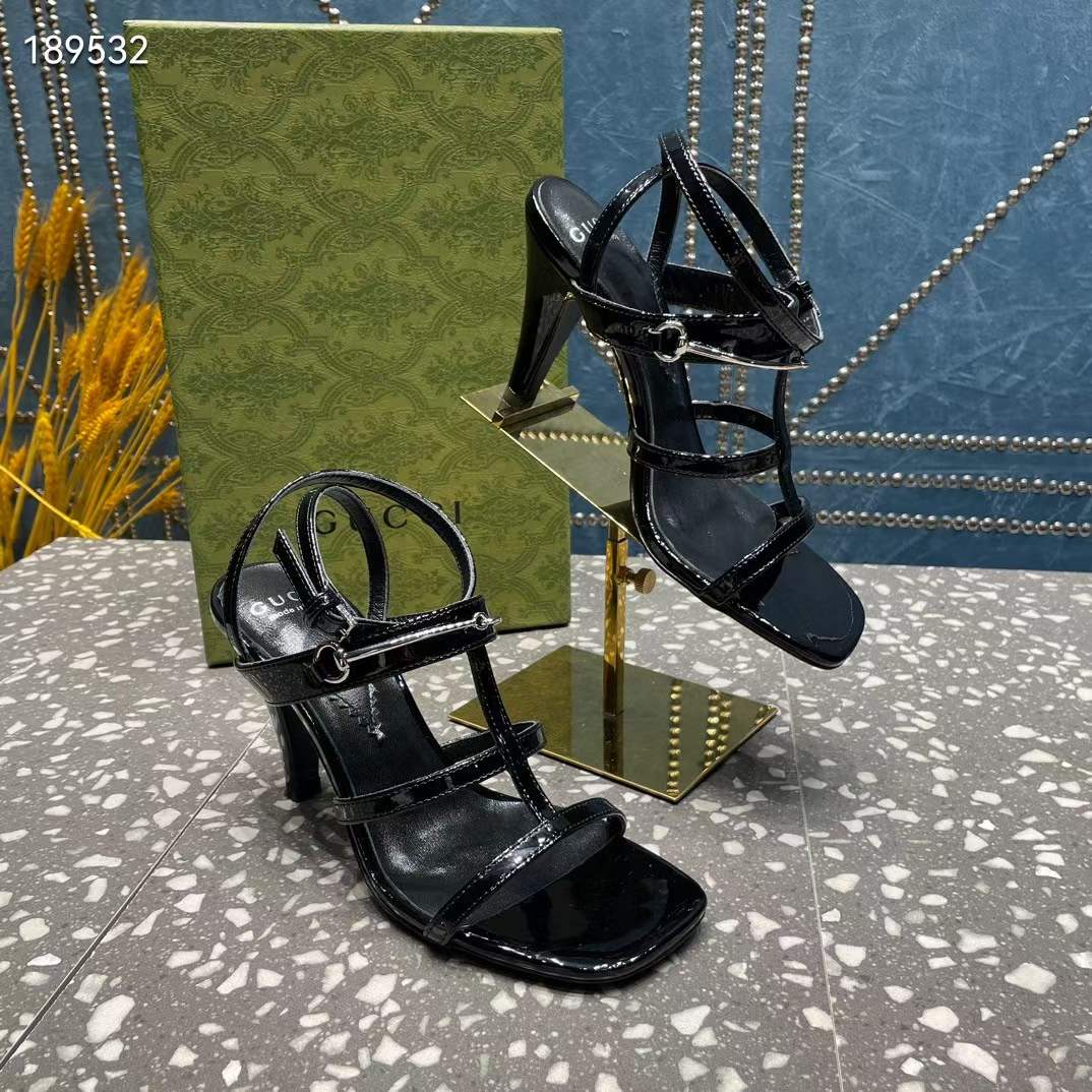 Gucci Women GG Slim Horsebit Sandal Black Leather High Heel