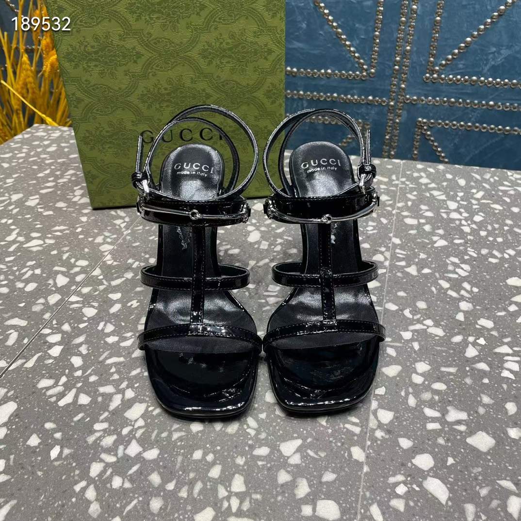 Gucci Women GG Slim Horsebit Sandal Black Leather High Heel