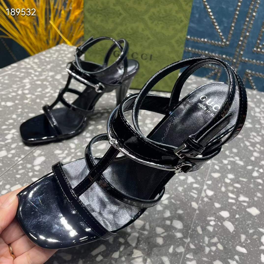 Gucci Women GG Slim Horsebit Sandal Black Leather High Heel