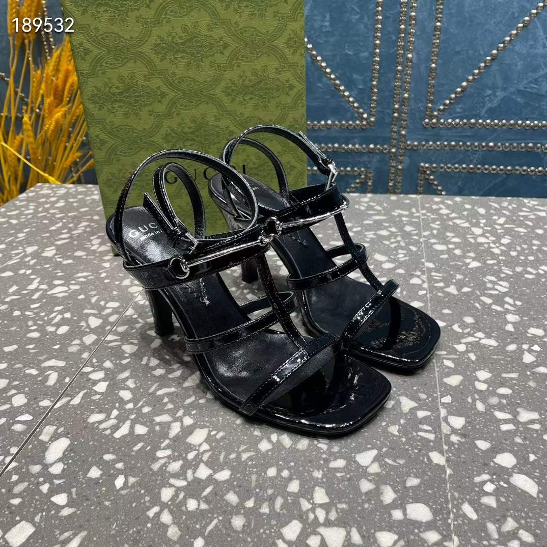 Gucci Women GG Slim Horsebit Sandal Black Leather High Heel