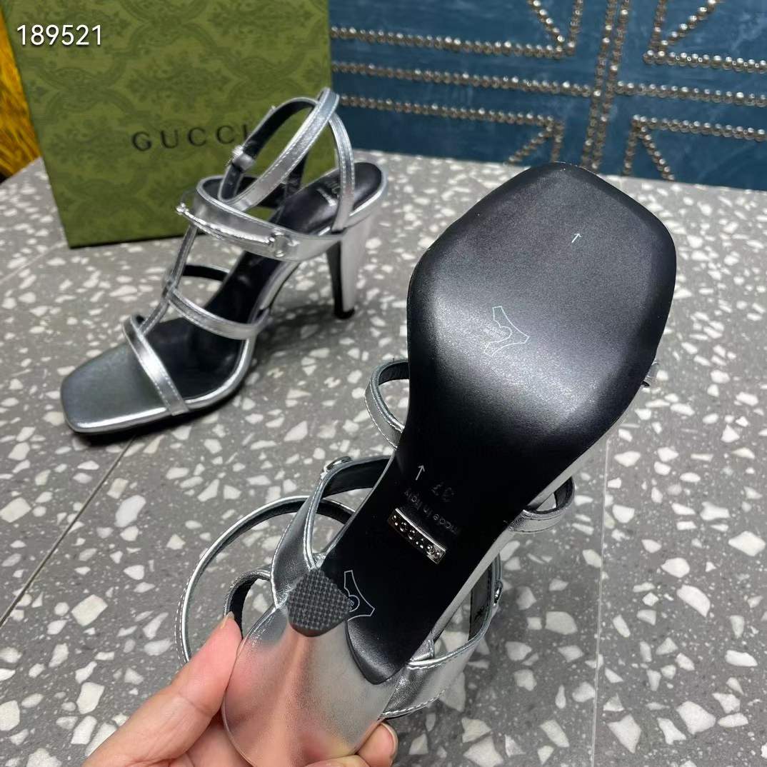 Gucci Women GG Slim Horsebit Sandal Silver Leather High Heel