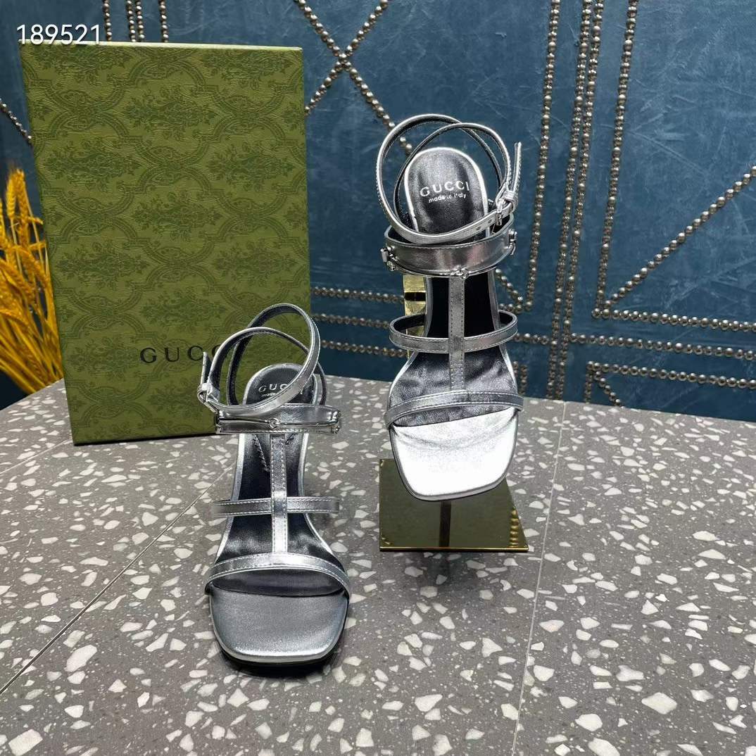 Gucci Women GG Slim Horsebit Sandal Silver Leather High Heel