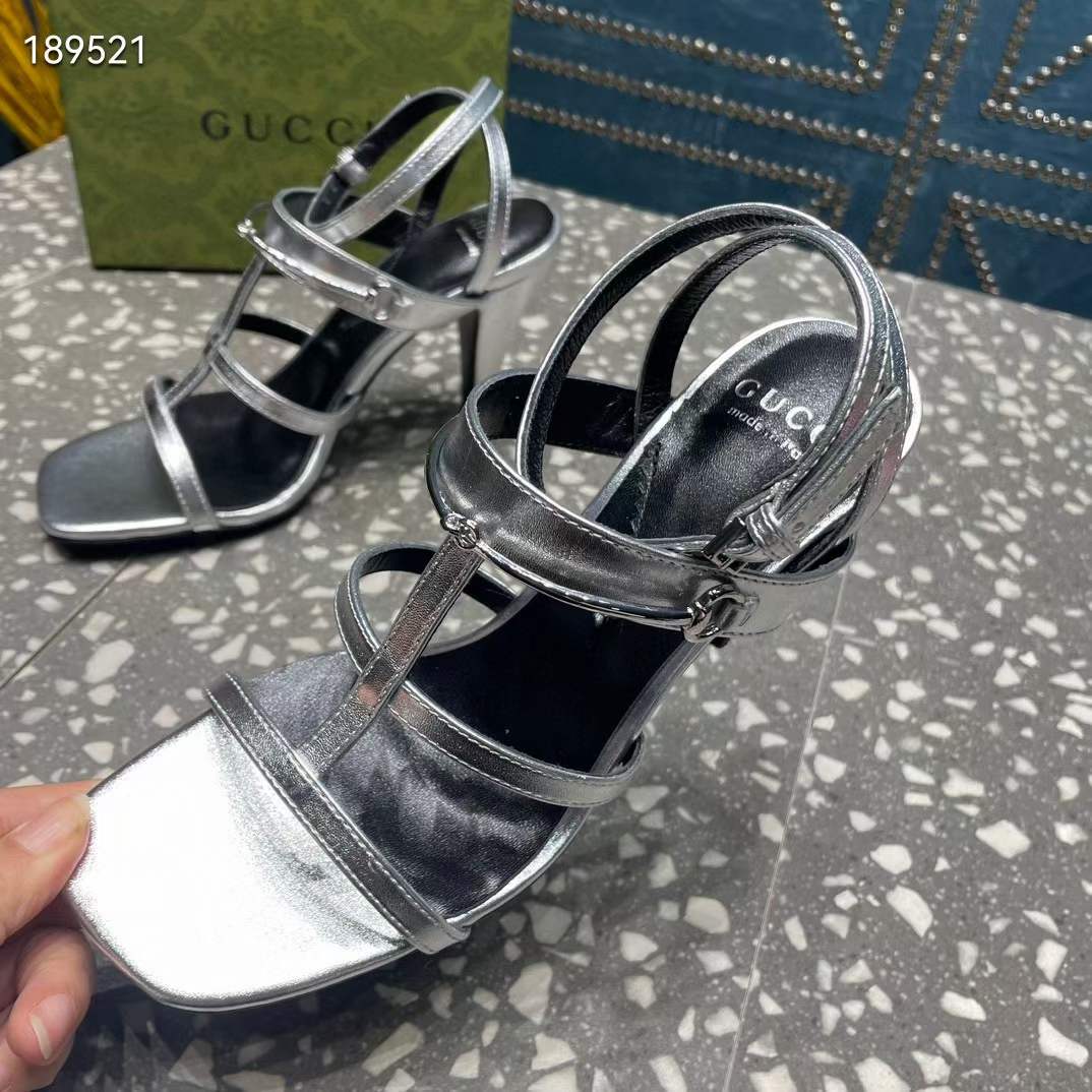 Gucci Women GG Slim Horsebit Sandal Silver Leather High Heel