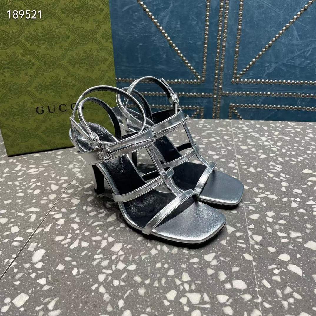 Gucci Women GG Slim Horsebit Sandal Silver Leather High Heel