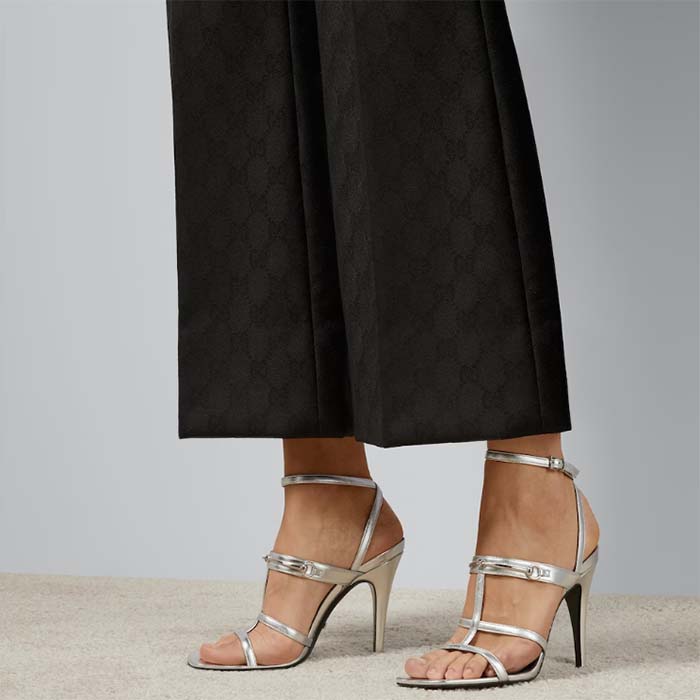 Gucci Women GG Slim Horsebit Sandal Silver Leather High Heel