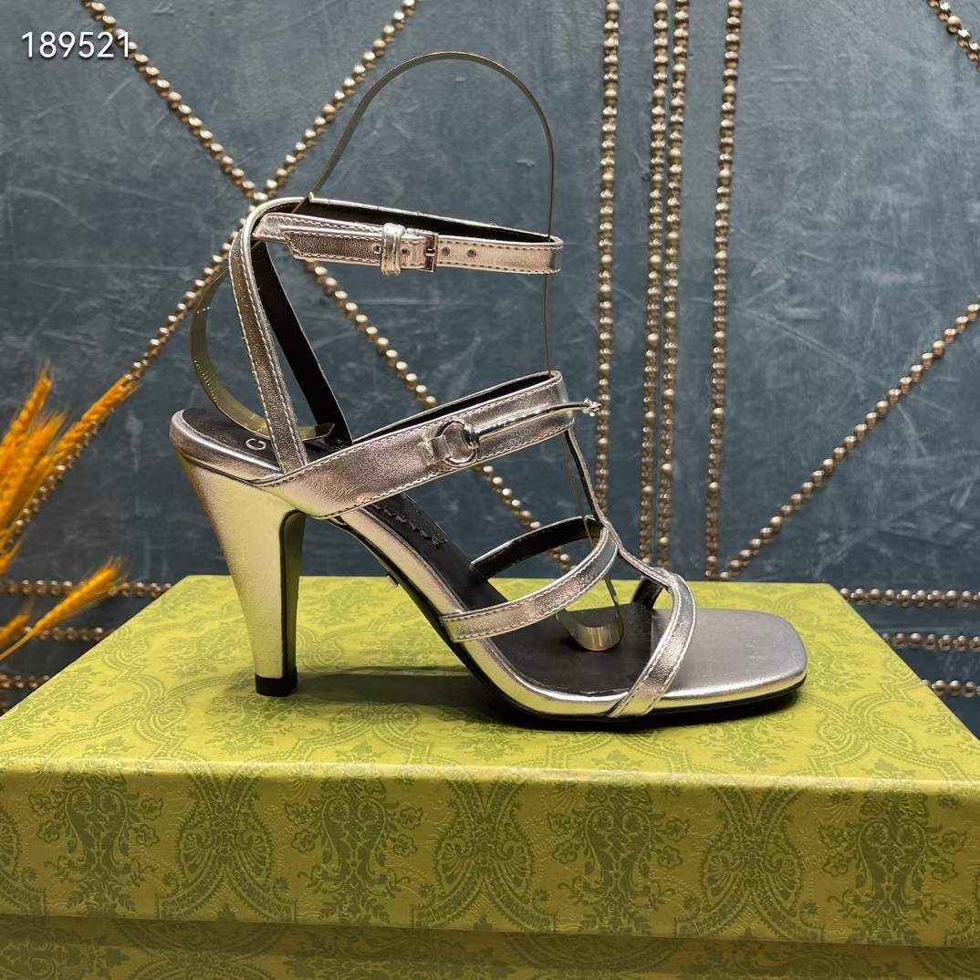 Gucci Women GG Slim Horsebit Sandal Silver Leather High Heel