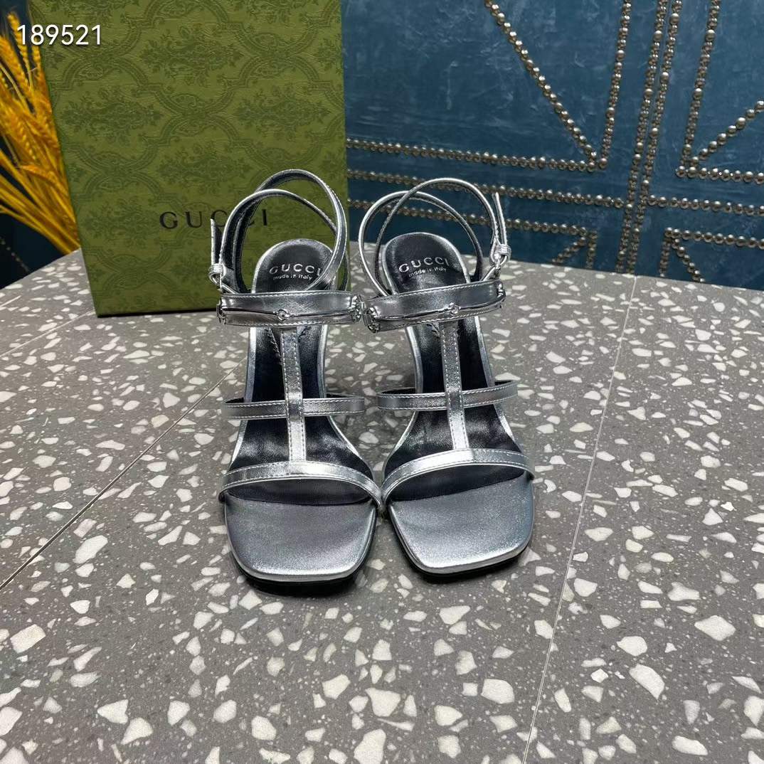 Gucci Women GG Slim Horsebit Sandal Silver Leather High Heel