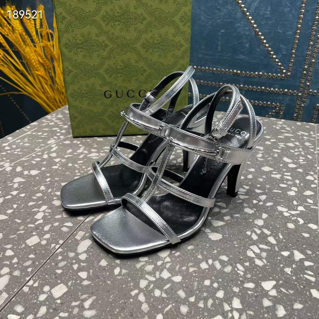 Gucci Women GG Slim Horsebit Sandal Silver Leather High Heel