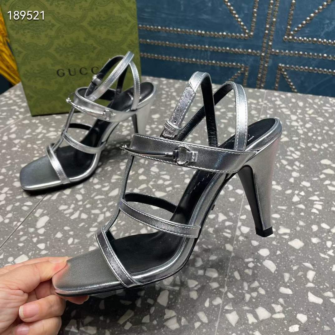 Gucci Women GG Slim Horsebit Sandal Silver Leather High Heel