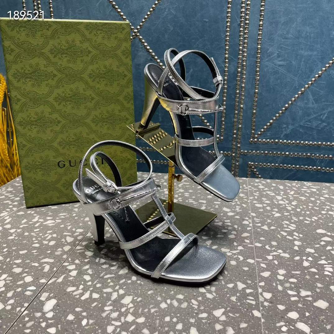 Gucci Women GG Slim Horsebit Sandal Silver Leather High Heel