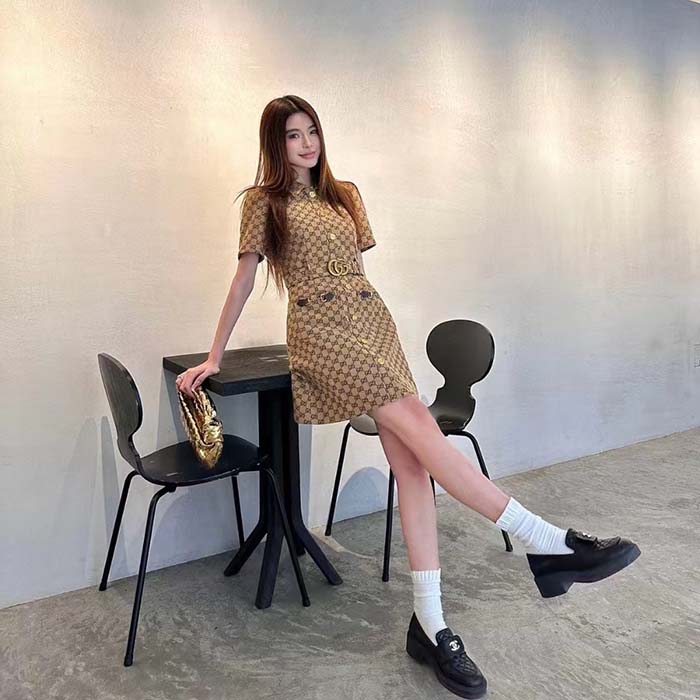 Gucci Women Original GG Canvas Jumpsuit Point Neck Short Sleeves