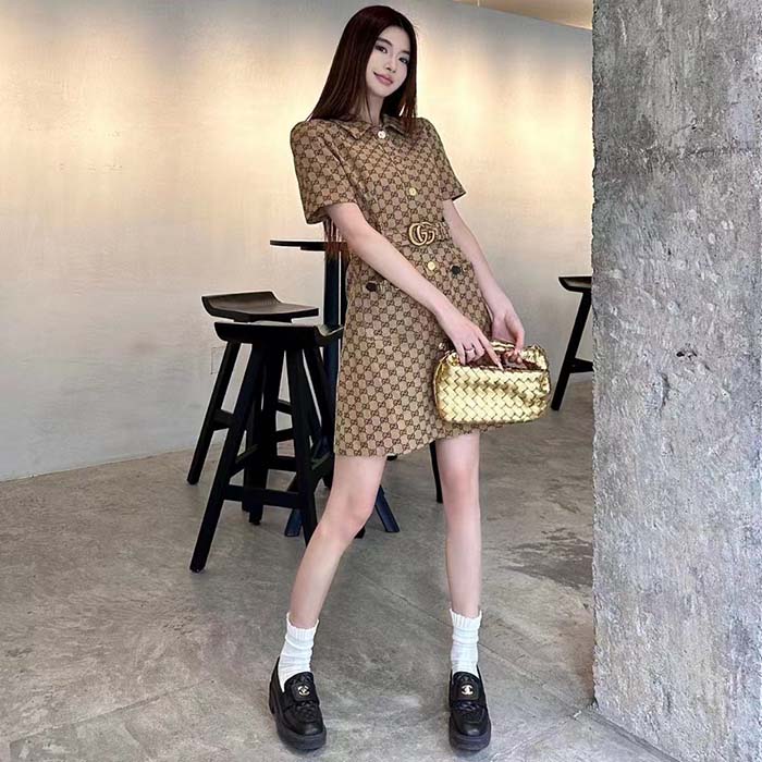 Gucci Women Original GG Canvas Jumpsuit Point Neck Short Sleeves