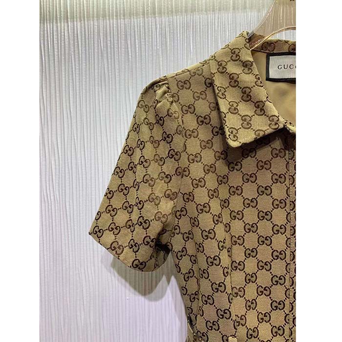 Gucci Women Original GG Canvas Jumpsuit Point Neck Short Sleeves