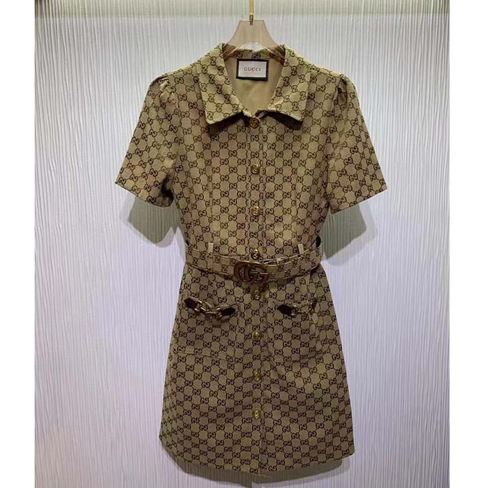 Gucci Women Original GG Canvas Jumpsuit Point Neck Short Sleeves
