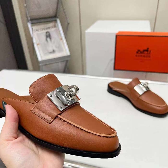 Hermes Unisex Iota Mule Gold Brown Leather Oversized Kelly Buckle