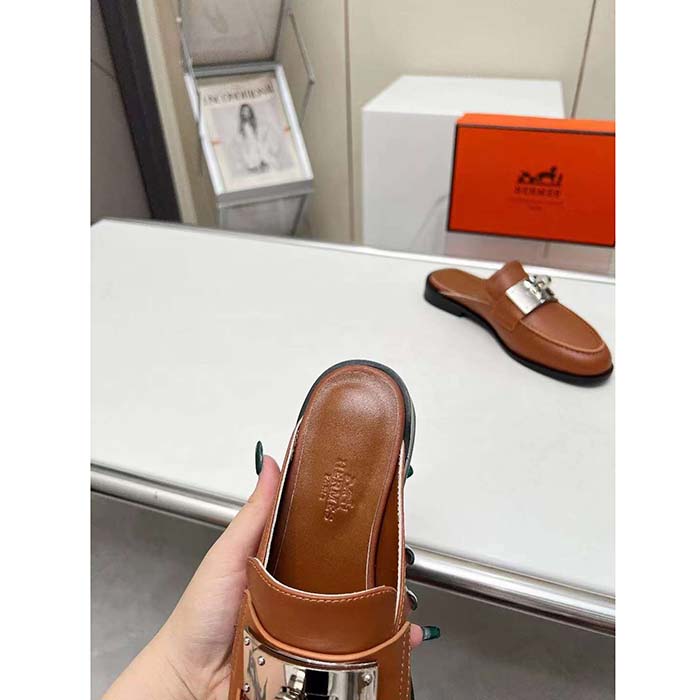 Hermes Unisex Iota Mule Gold Brown Leather Oversized Kelly Buckle