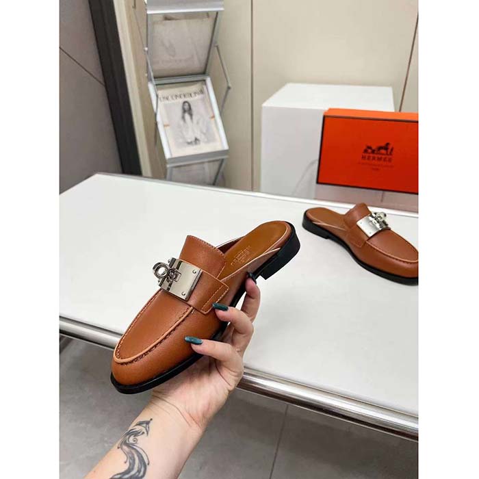 Hermes Unisex Iota Mule Gold Brown Leather Oversized Kelly Buckle