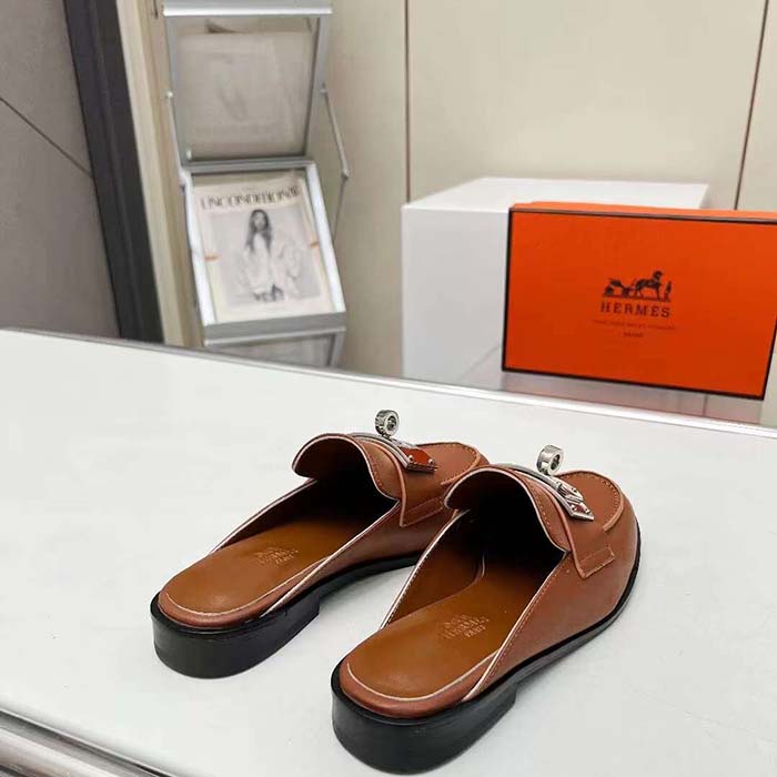 Hermes Unisex Iota Mule Gold Brown Leather Oversized Kelly Buckle