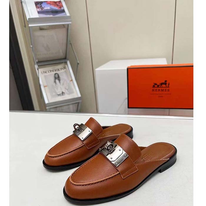 Hermes Unisex Iota Mule Gold Brown Leather Oversized Kelly Buckle