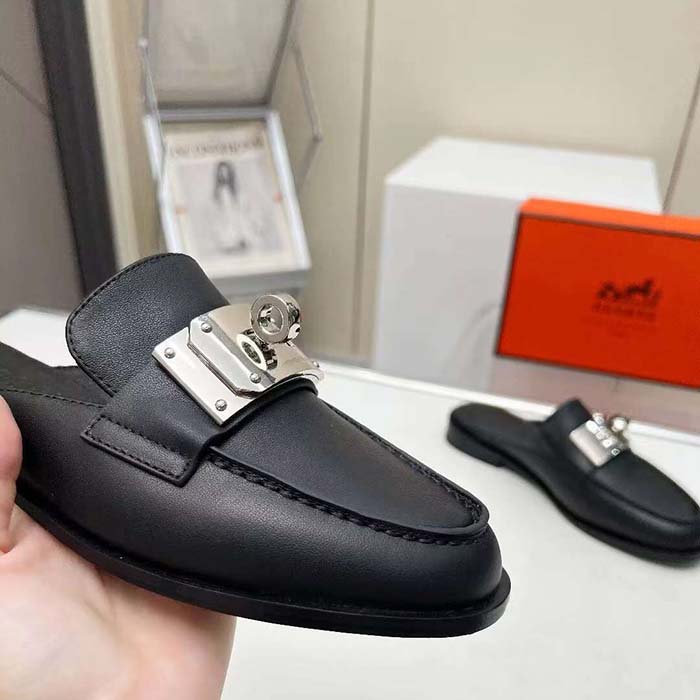 Hermes Unisex Iota Mule Noir Black Leather Oversized Kelly Buckle